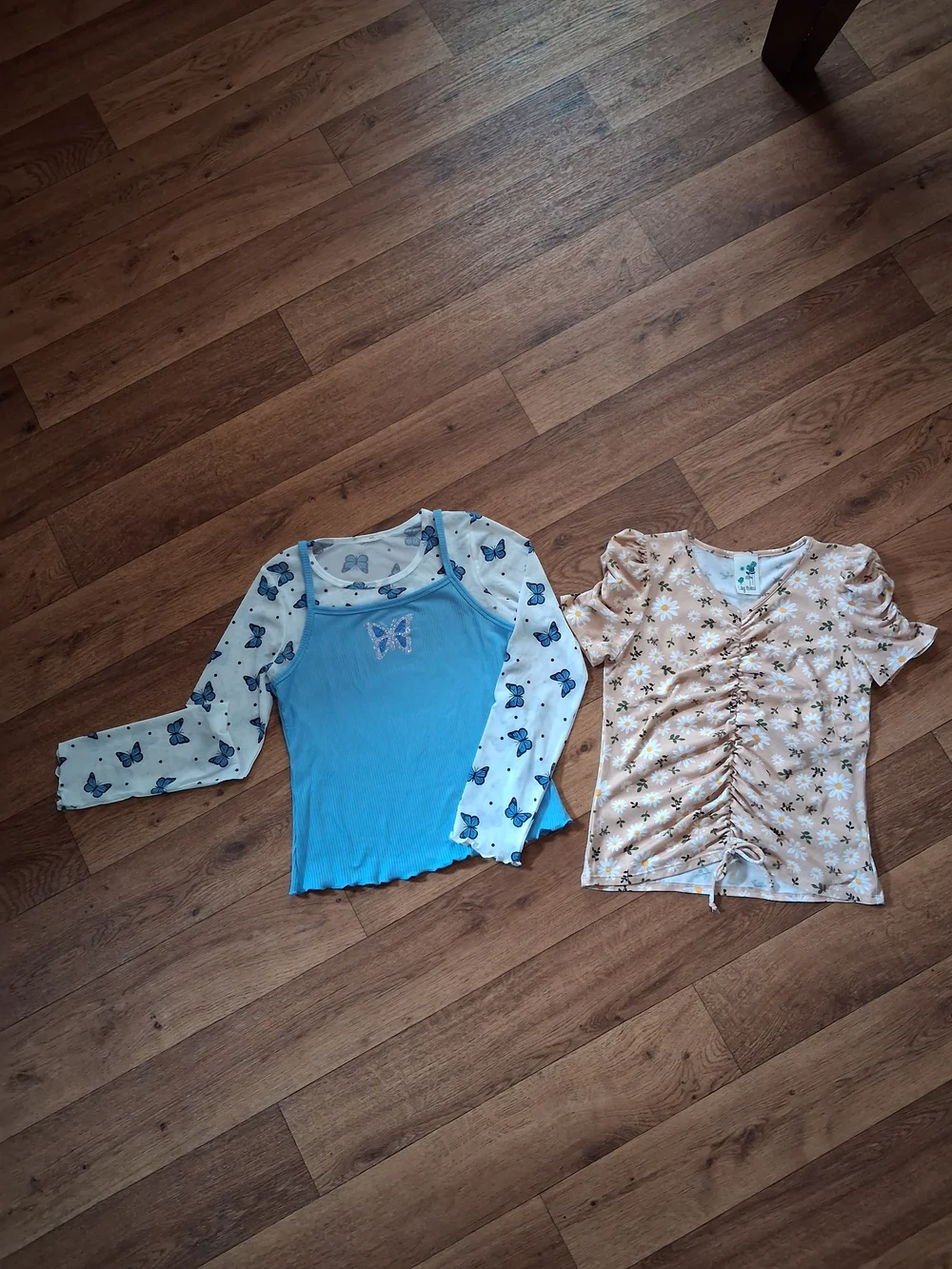 Blue Butterfly Layered Mesh Long Sleeve Top. And Floral Scrunched Blouse.